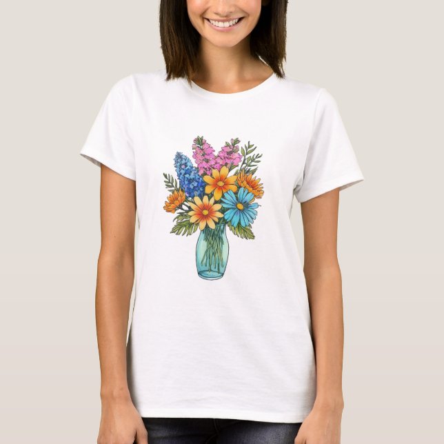 Mason Jar with Beautiful Watercolor Wildflower T-Shirt (Front)