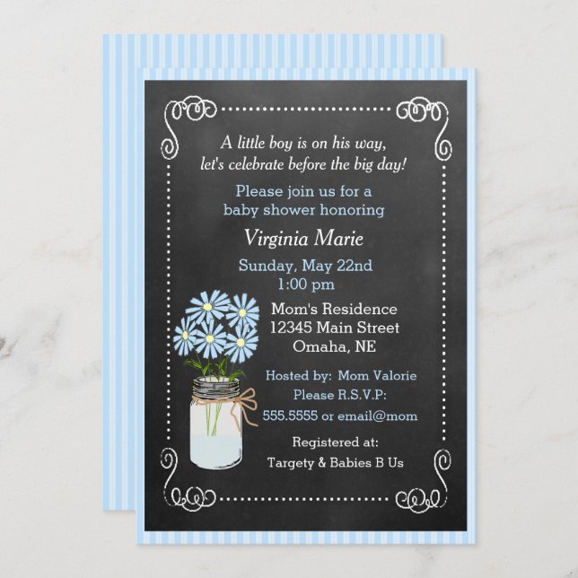 Mason Jar with Blue Flowers Country Baby Shower Invitation (Front/Back)