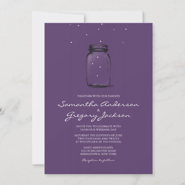 Mason Jar with Fireflies Wedding Invitation Purple (Front)