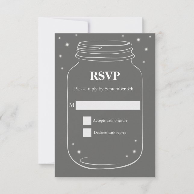 Mason Jar with Fireflies Wedding RSVP Grey Card (Front)