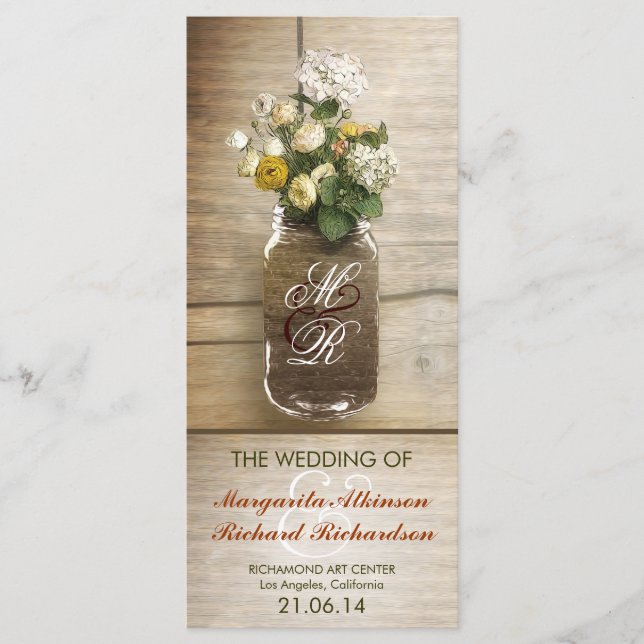 mason jar with flowers rustic wedding programs programme (Front)