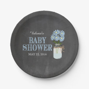 Mason Jar with Flowers Vintage Blue Typography Paper Plate
