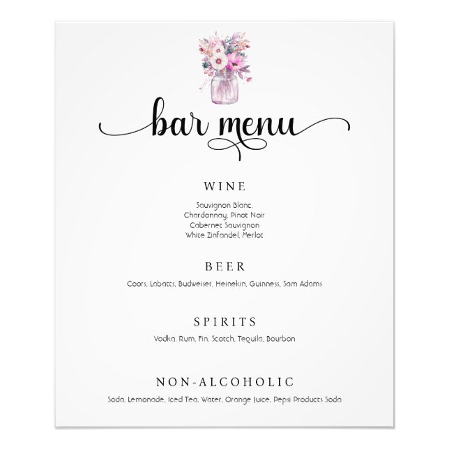 Mason Jar with Flowers Wedding Bar Menu Poster (Front)