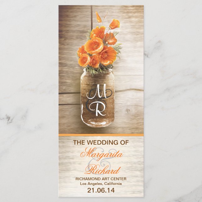 mason jar with orange flowers wedding program programme (Front)