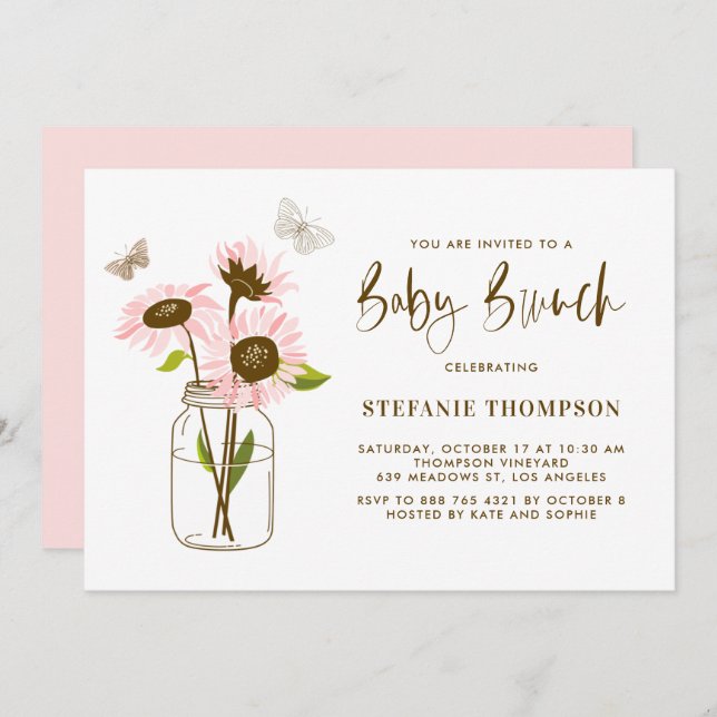 Mason Jar with Pink Sunflowers Baby Brunch Invitation (Front/Back)