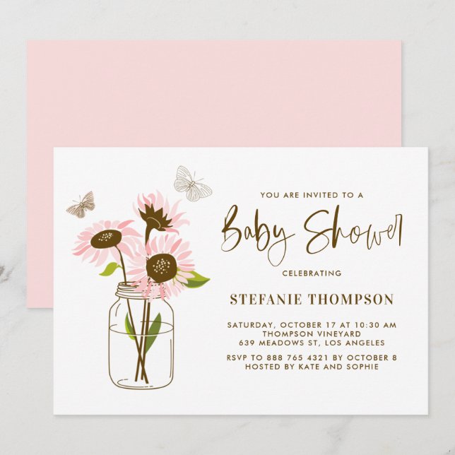 Mason Jar with Pink Sunflowers Baby Shower Invitation (Front/Back)