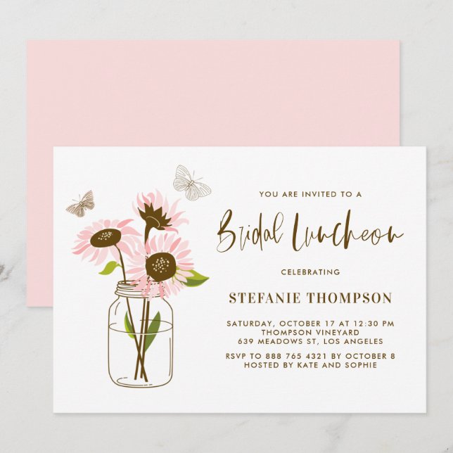 Mason Jar with Pink Sunflowers Bridal Luncheon Invitation (Front/Back)