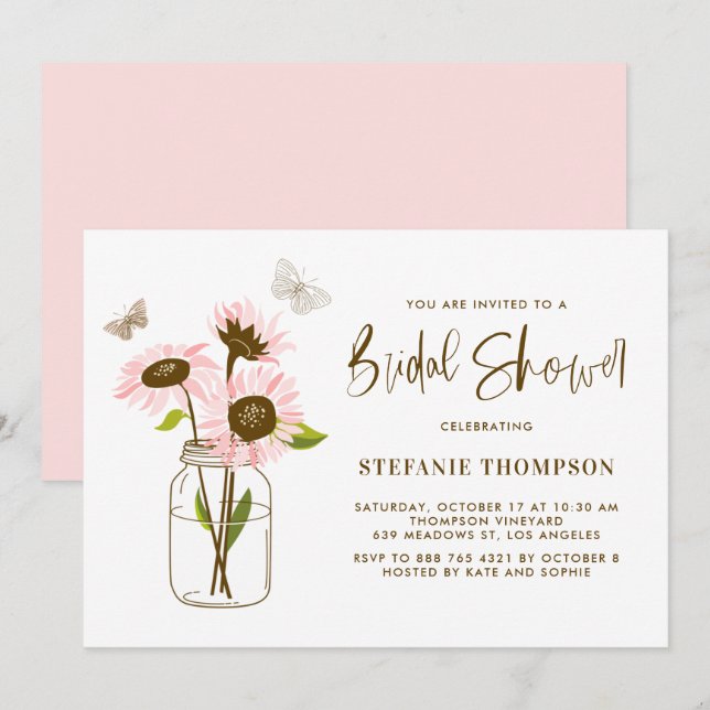 Mason Jar with Pink Sunflowers Bridal Shower Invitation (Front/Back)