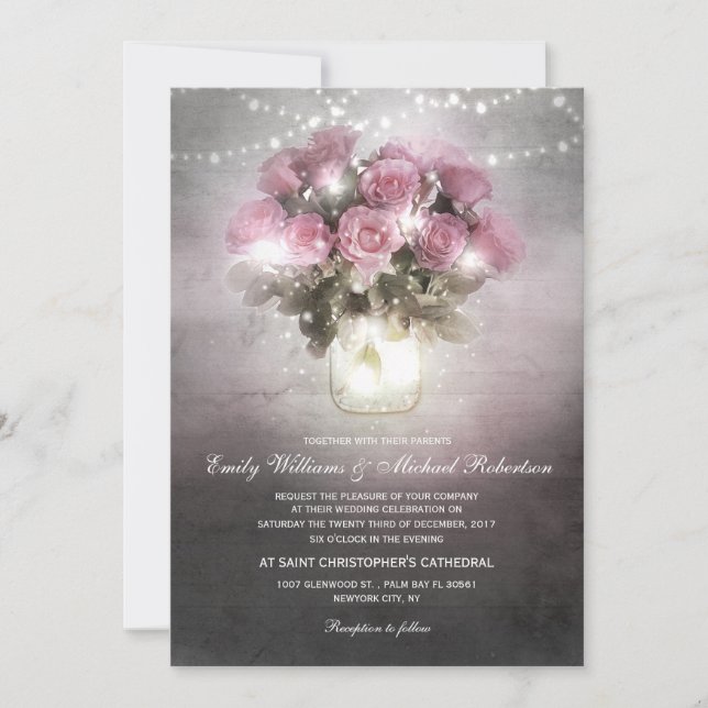 Mason jar with roses string light wedding invitation (Front)