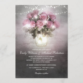 Mason jar with roses string light wedding invitation