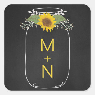 Mason Jar with sunflowers monogram wedding favour Square Sticker