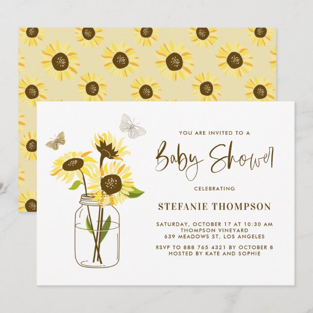 Mason Jar with Yellow Sunflowers Baby Shower Invitation (Front/Back)