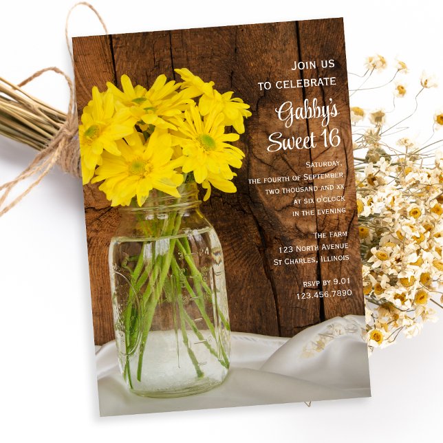 Mason Jar Yellow Daisies Sweet 16 Birthday Party Invitation (Creator Uploaded)