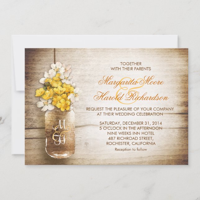 Mason jar & yellow white flowers wedding invites (Front)
