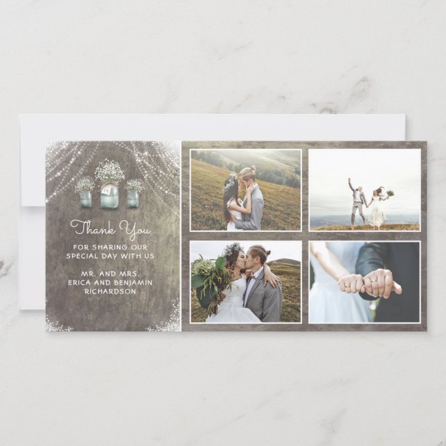 Mason Jars and Baby's Breath Rustic Wedding Thank You Card (Front)