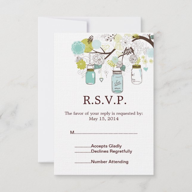 Mason Jars and Blue Green Flowers Wedding RSVP (Front)