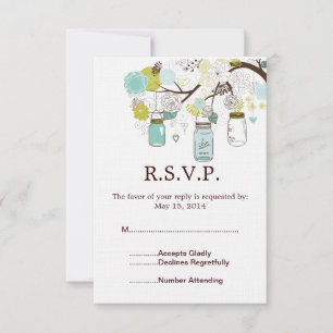 Mason Jars and Blue Green Flowers Wedding RSVP