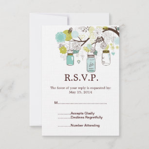 Mason Jars and Blue Green Flowers Wedding RSVP Card