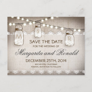 Mason Jars and burlap Lace Save the Date Announcement Postcard