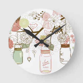 Mason Jars and Pretty Flowers Round Clock