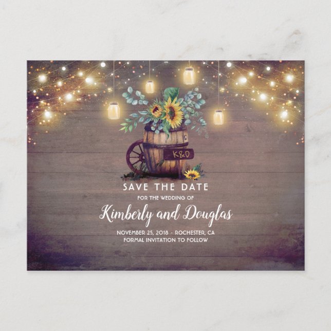 Mason Jars and Sunflower Rustic Fall Save the Date Announcement Postcard (Front)