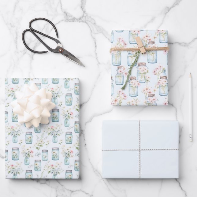 Mason Jars Blue White Florals Greenery Wrapping Paper Sheet (Front)