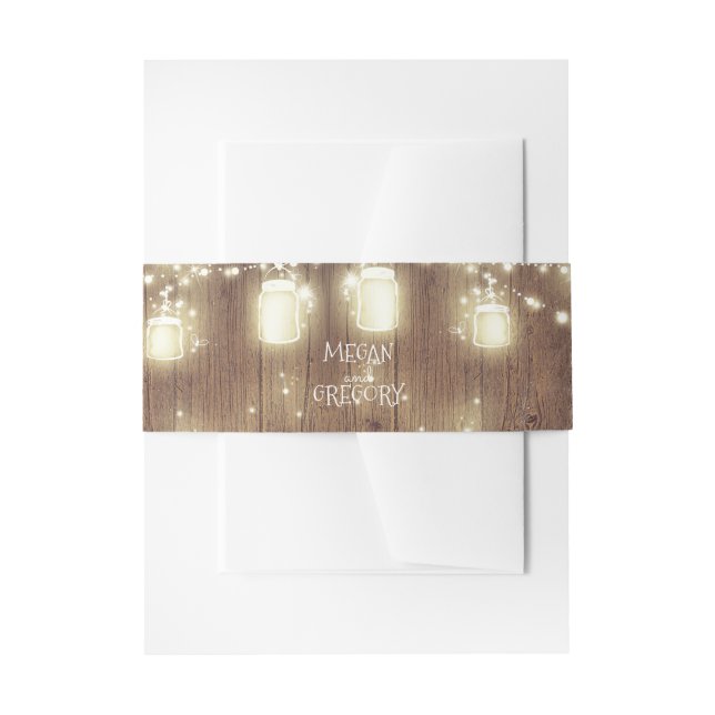 Mason Jars Firefly Lights Barn Wood Wedding Invitation Belly Band (Front Example)