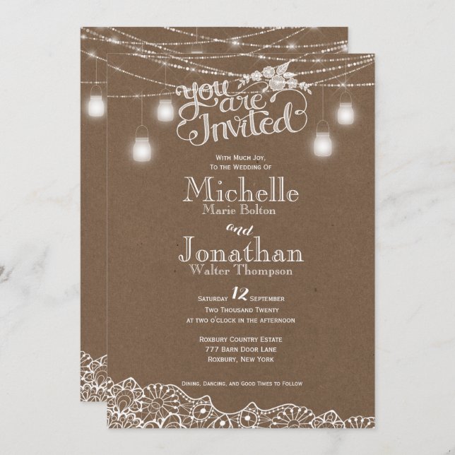 Mason Jars Lights Lace Rustic Wedding Invitation (Front/Back)