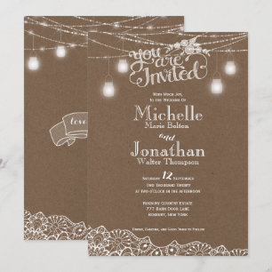 Mason Jars Lights Lace Rustic Wedding Invitation