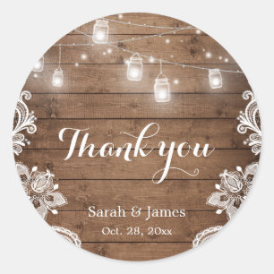 Mason Jars Lights Lace Rustic Wood Wedding Favour Classic Round Sticker