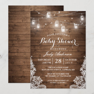 Mason Jars Lights Rustic Wood Lace Baby Shower Invitation