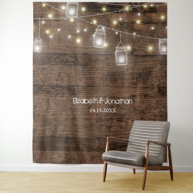 Mason Jars & Lights Wedding Photo Backdrop Tapestry (In Situ)
