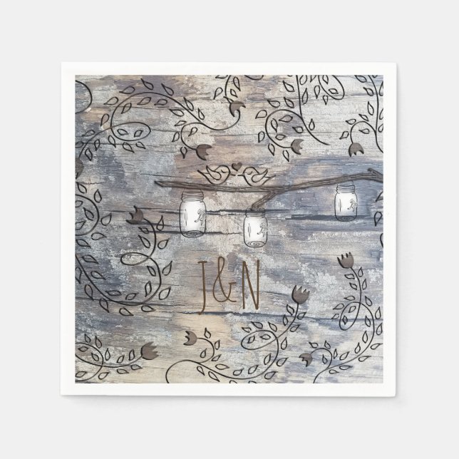 Mason Jars & Love Birds Rustic Branch Wedding Napkin (Front)