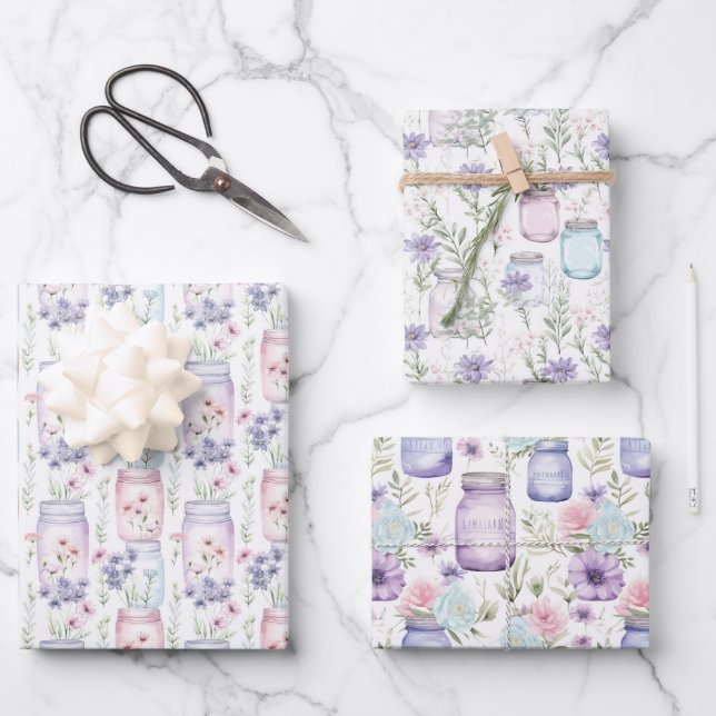 Mason Jars Purple Pink Florals Greenery Wrapping Paper Sheet (Front)