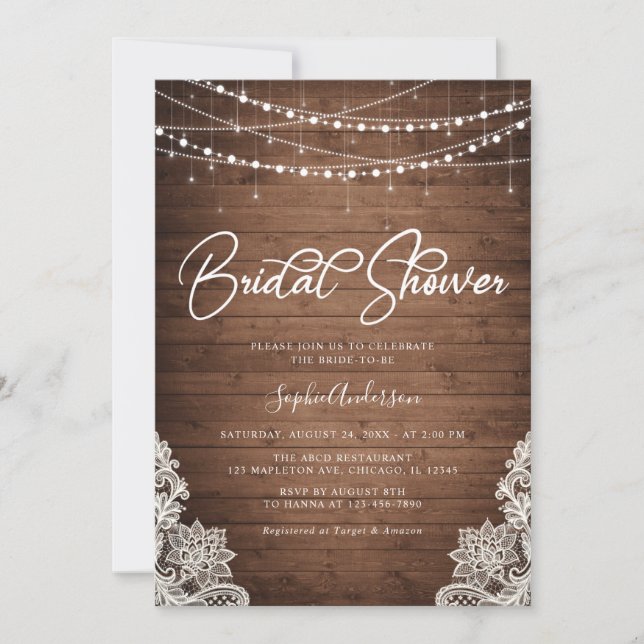 Mason Jars Rustic Wood Lights Lace Bridal Shower Invitation (Front)