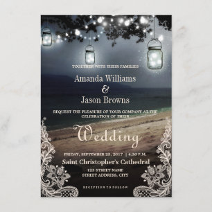 Mason Jars String Lights Elegant Beach Wedding Invitation