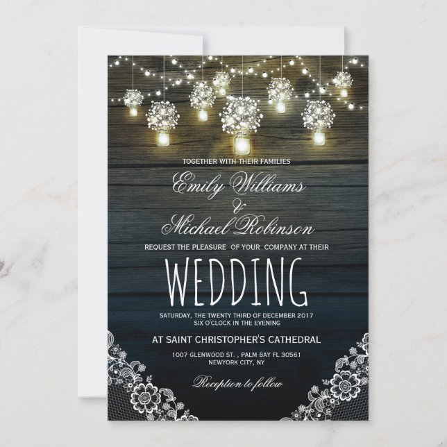 Mason Jars String Lights Elegant Rustic Wedding Invitation (Front)