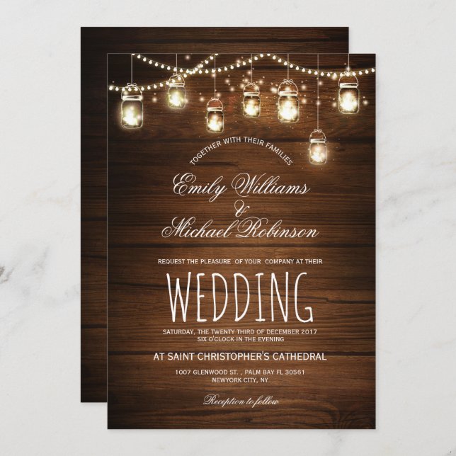 Mason Jars String Lights Elegant Rustic Wedding Invitation (Front/Back)