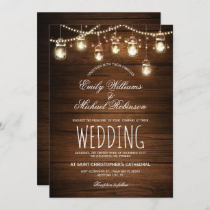 Mason Jars String Lights Elegant Rustic Wedding Invitation
