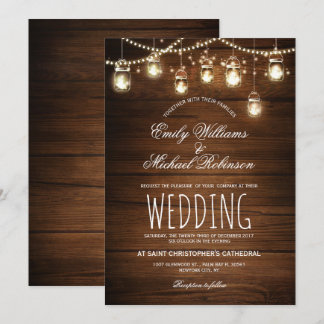 Mason Jars String Lights Elegant Rustic Wedding Invitation