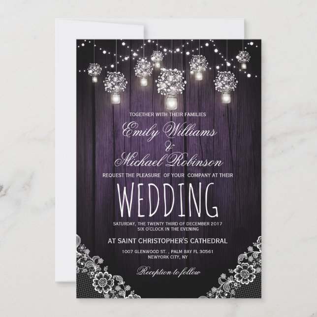 Mason Jars String Lights Elegant Rustic Wedding Invitation (Front)