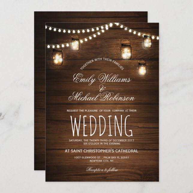 Mason Jars String Lights Elegant Rustic Wedding Invitation (Front/Back)