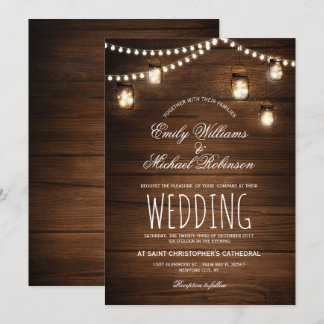 Mason Jars String Lights Elegant Rustic Wedding Invitation