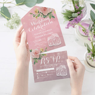 Mason Jars String Lights Pink Flowers Wedding RSVP All In One Invitation