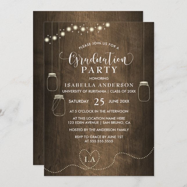 Mason Jars String Lights Rustic Wood Graduation Invitation (Front/Back)