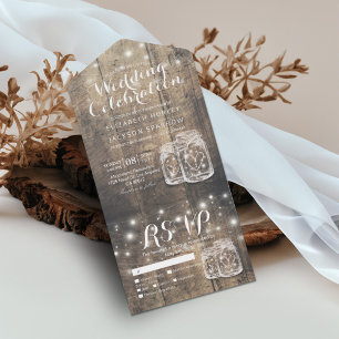 Mason Jars String Lights Rustic Wood Wedding RSVP All In One Invitation