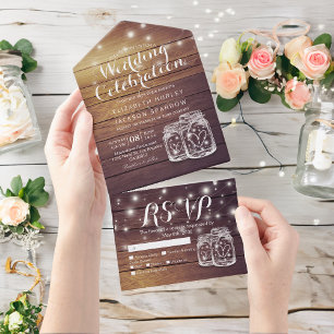 Mason Jars String Lights Rustic Wood Wedding RSVP All In One Invitation