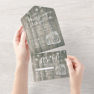 Mason Jars String Lights Rustic Wood Wedding RSVP  All In One Invitation