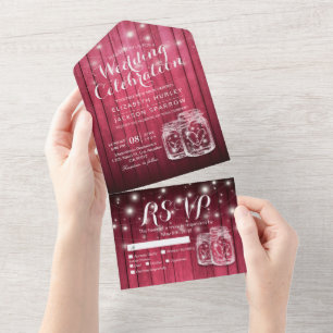 Mason Jars String Lights Rustic Wood Wedding RSVP All In One Invitation