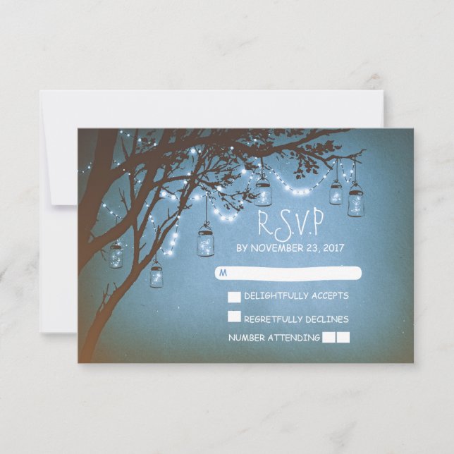 Mason jars tree country rustic wedding RSVP cards (Front)